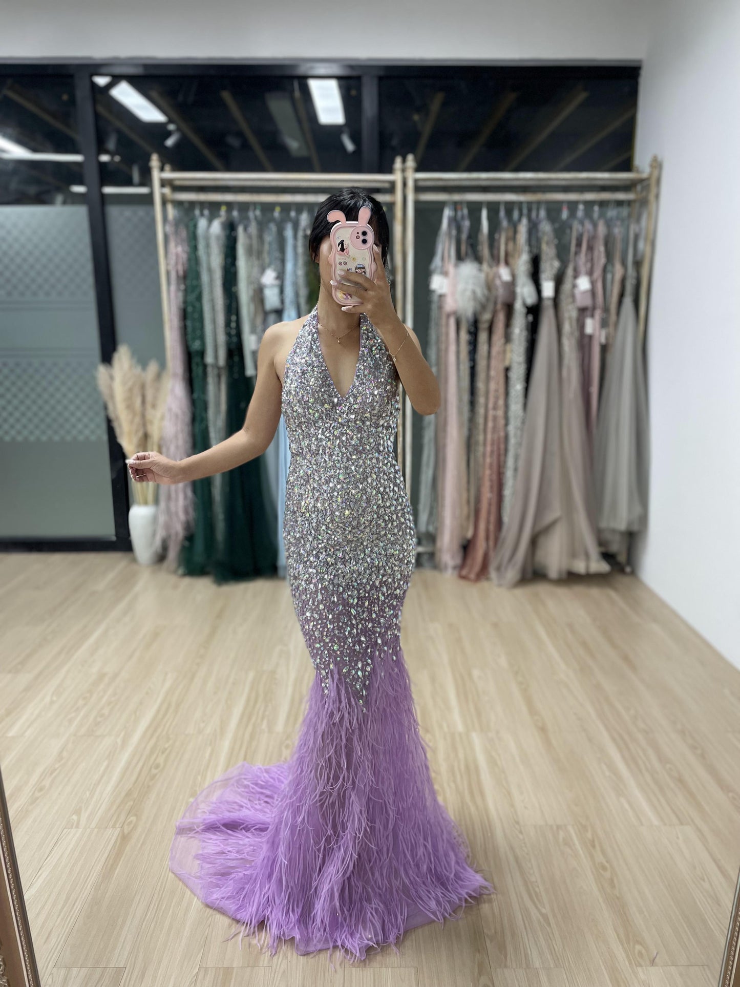 Sparkle Halter Neck Crystal Beading Mermaid Feather Evening Dress MB40101