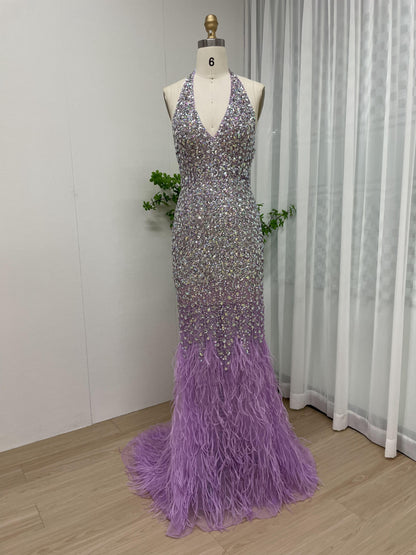 Sparkle Halter Neck Crystal Beading Mermaid Feather Evening Dress MB40101