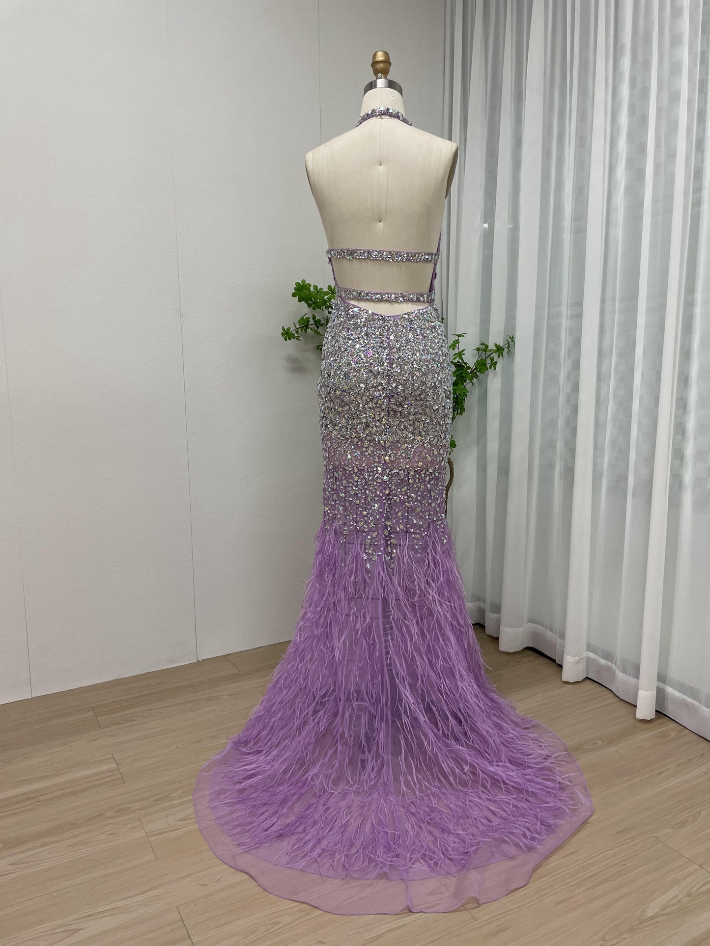 Sparkle Halter Neck Crystal Beading Mermaid Feather Evening Dress MB40101