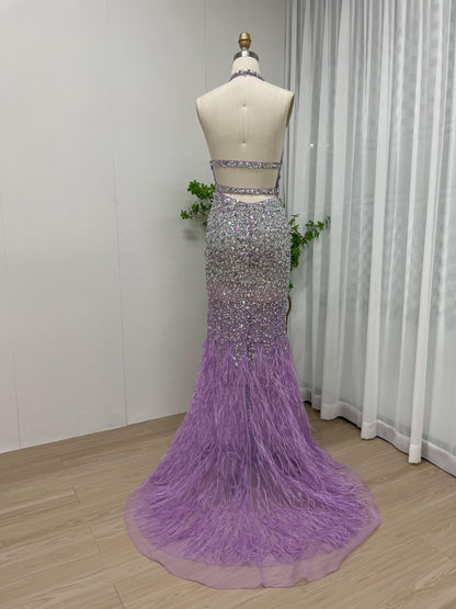 Sparkle Halter Neck Crystal Beading Mermaid Feather Evening Dress MB40101