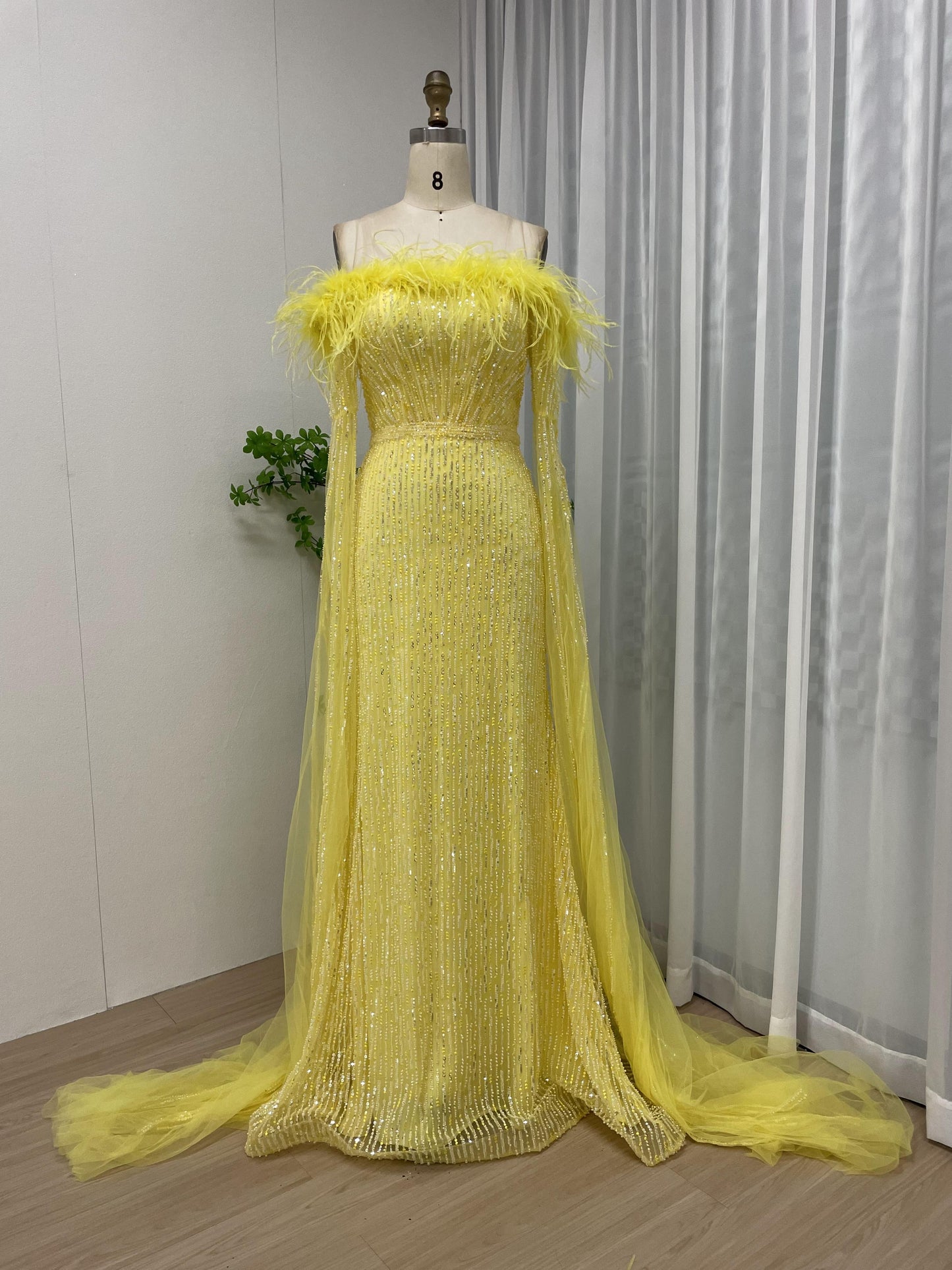 Stunning Off Shoulder Feather Beading Lace Cape Long Sleeve Evening Dress MB40103