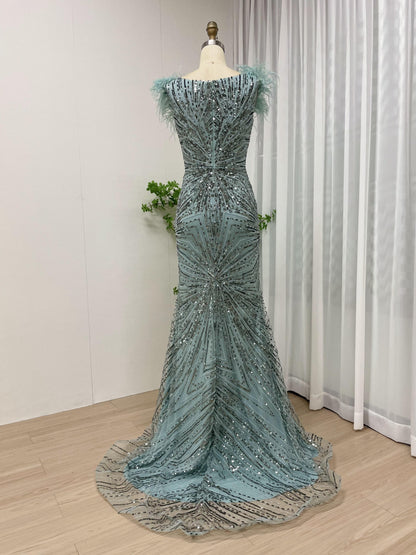 Luxury Feather Shoulder Sleeveless Beading Lace Catwalk Evening Dress MB40105