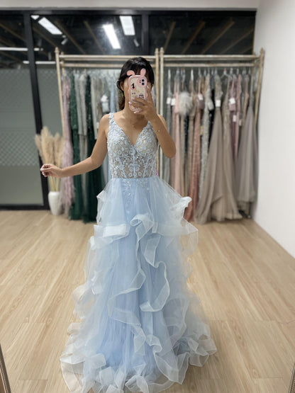 Pretty Open Back Lace Applique A Line Tulle BLUE Prom Dress MB40107