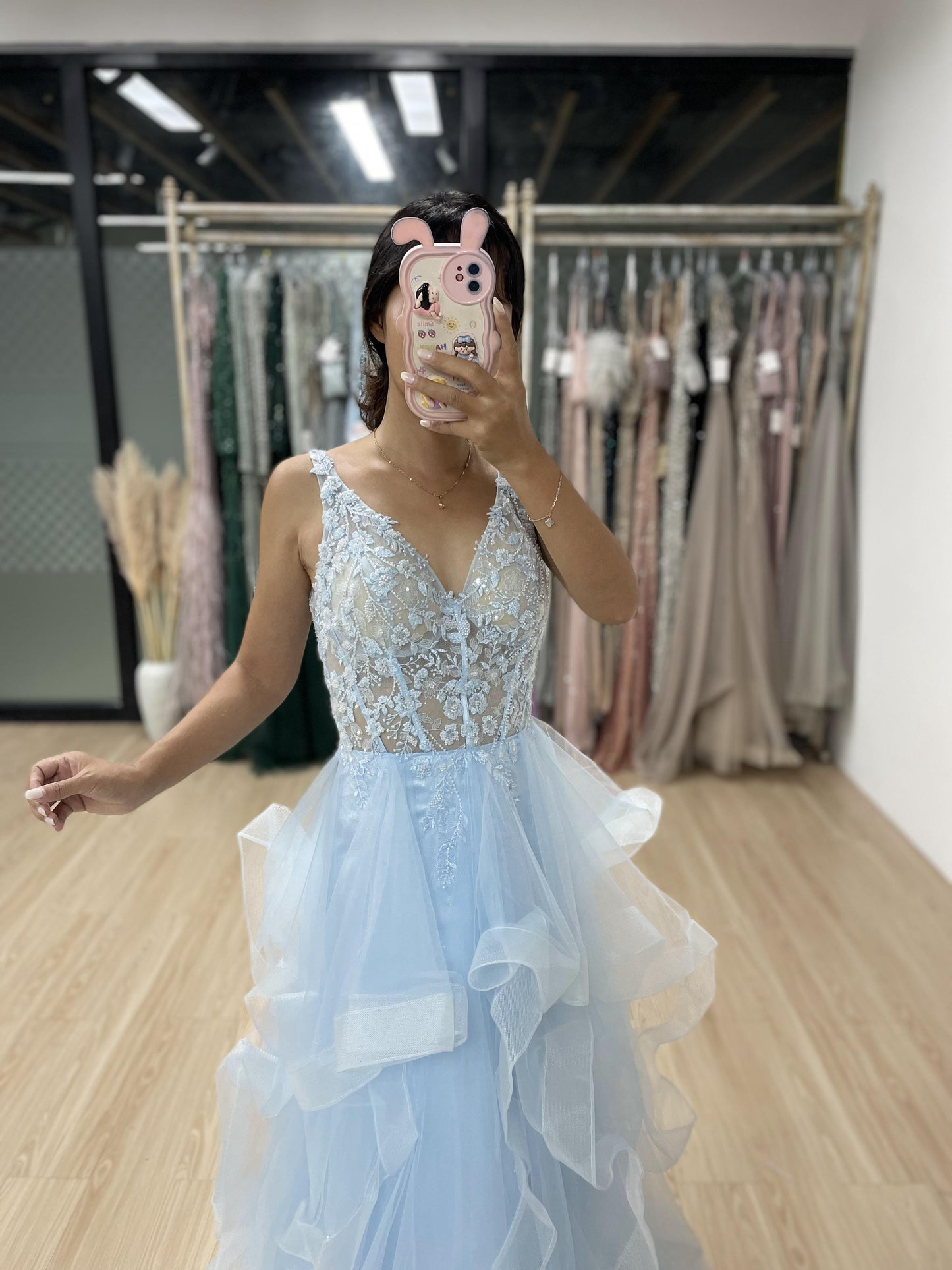 Pretty Open Back Lace Applique A Line Tulle BLUE Prom Dress MB40107