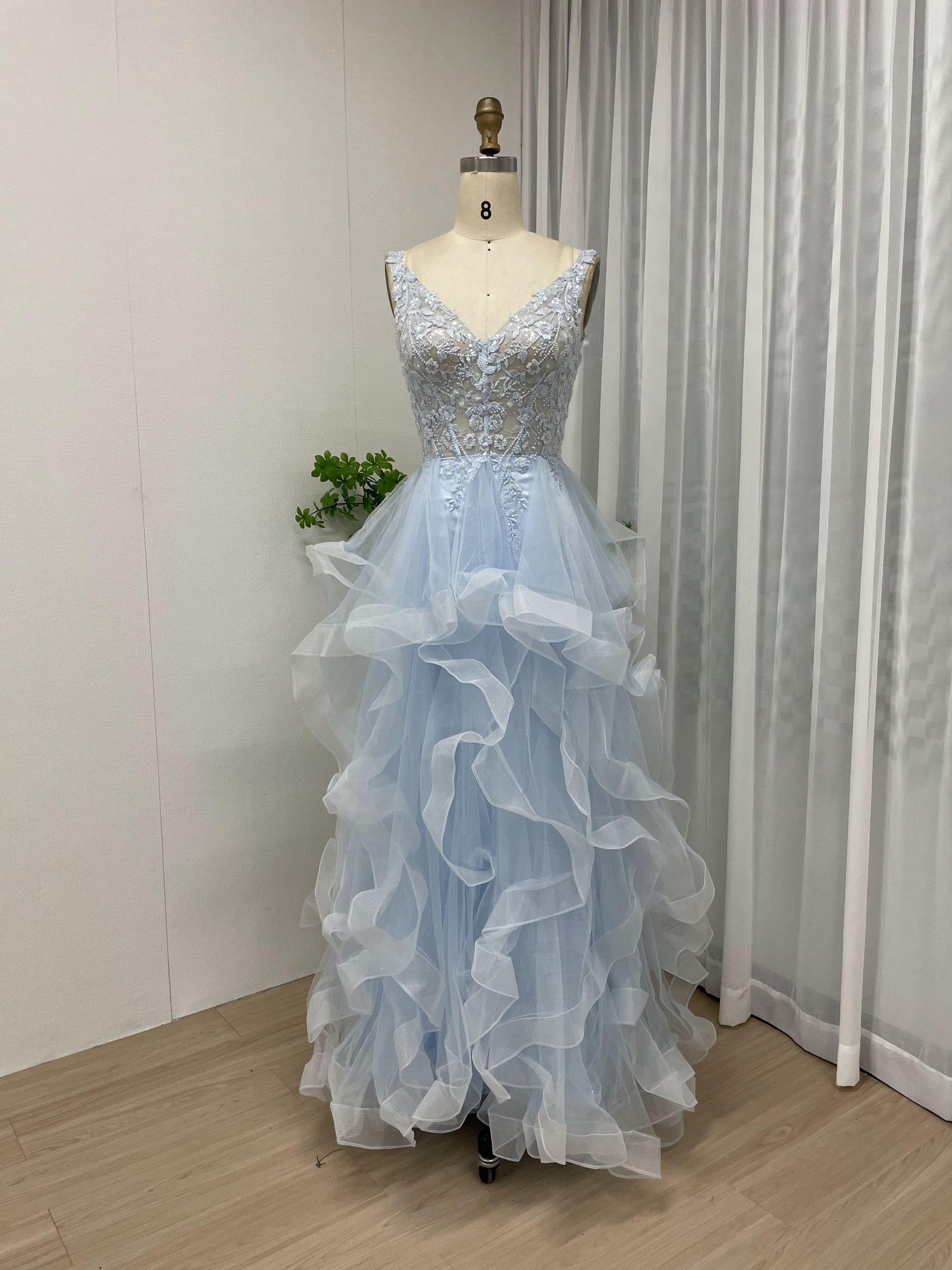 Pretty Open Back Lace Applique A Line Tulle BLUE Prom Dress MB40107