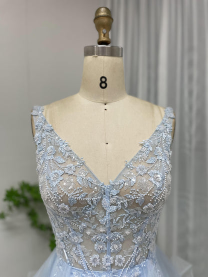 Pretty Open Back Lace Applique A Line Tulle BLUE Prom Dress MB40107