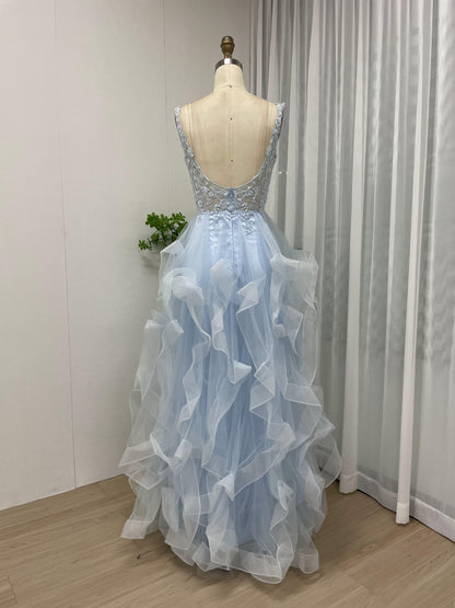 Pretty Open Back Lace Applique A Line Tulle BLUE Prom Dress MB40107