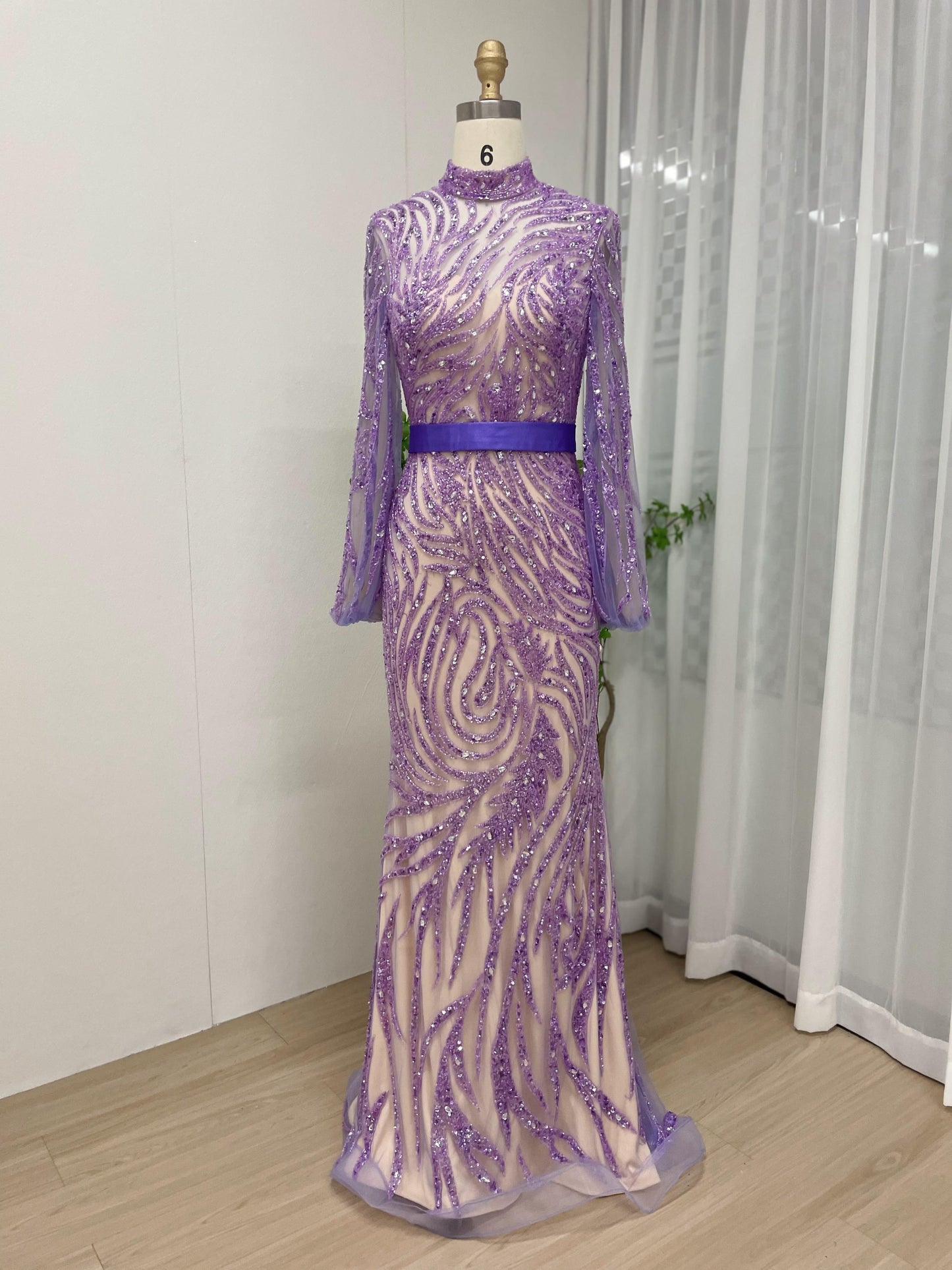 Graceful High Neckline Beading Couture Long Sleeve Wedding Party Evening Dress MB40113