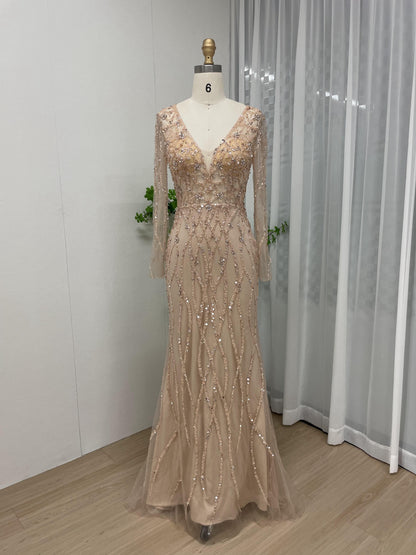 Stunning V Neck Beading Couture Long Sleeve Evening Dress MB40114