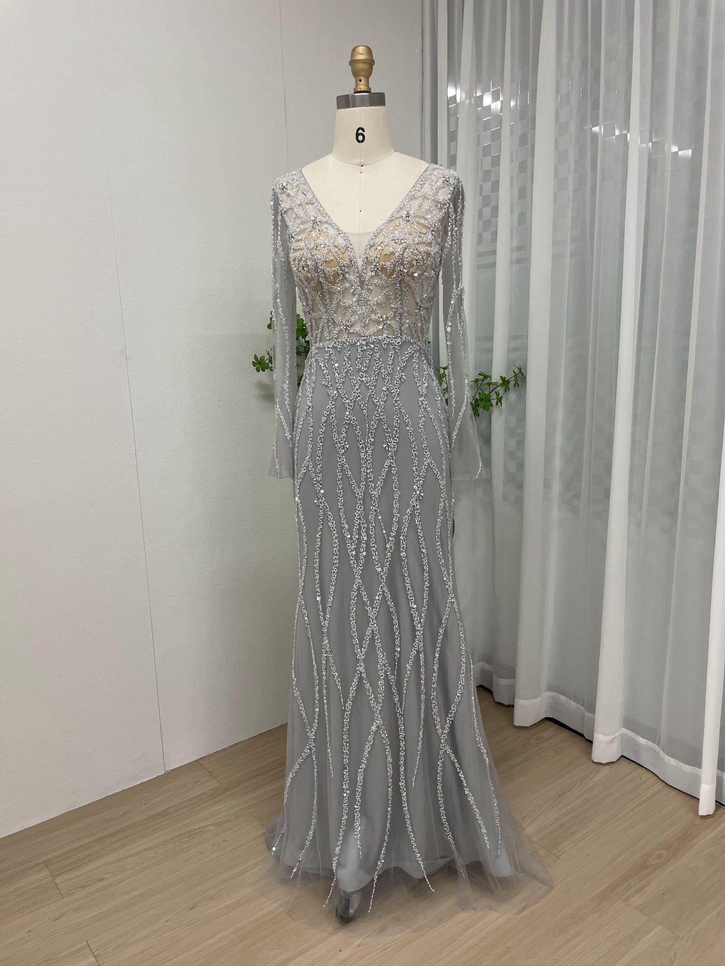 Stunning V Neck Beading Couture Long Sleeve Evening Dress MB40114