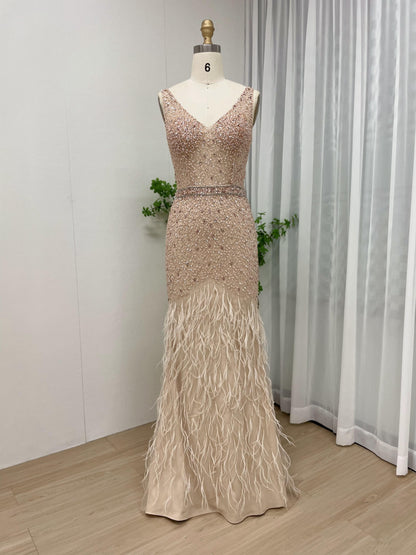 Luxurious Sleeveless Sheer Beading Feather Skirt Wedding Prom Dress MB40115