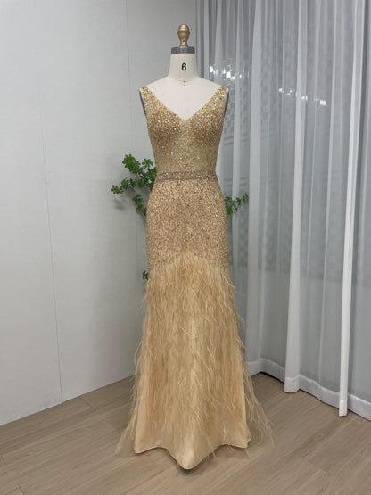 Luxurious Sleeveless Sheer Beading Feather Skirt Wedding Prom Dress MB40115