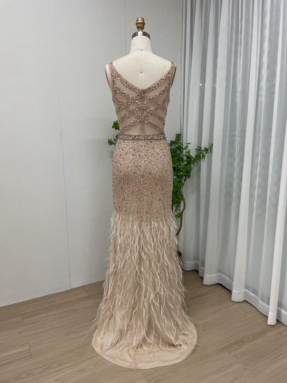 Luxurious Sleeveless Sheer Beading Feather Skirt Wedding Prom Dress MB40115