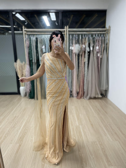 Stunning One Shoulder Cape Sleeve High Split Gold Evening Dress MB40117