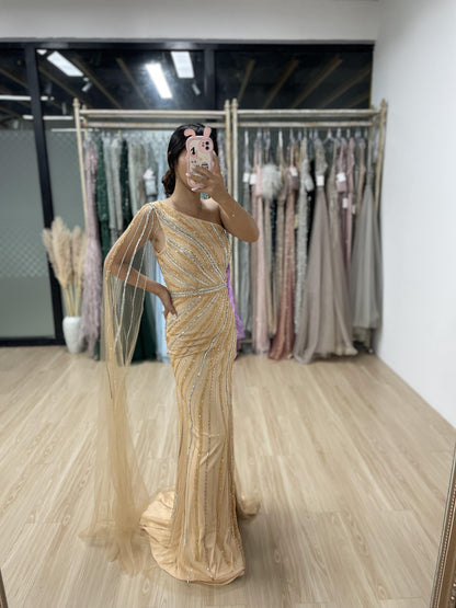 Stunning One Shoulder Cape Sleeve High Split Gold Evening Dress MB40117