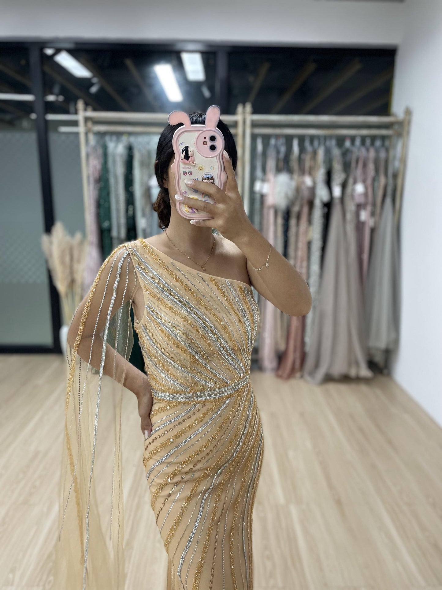 Stunning One Shoulder Cape Sleeve High Split Gold Evening Dress MB40117