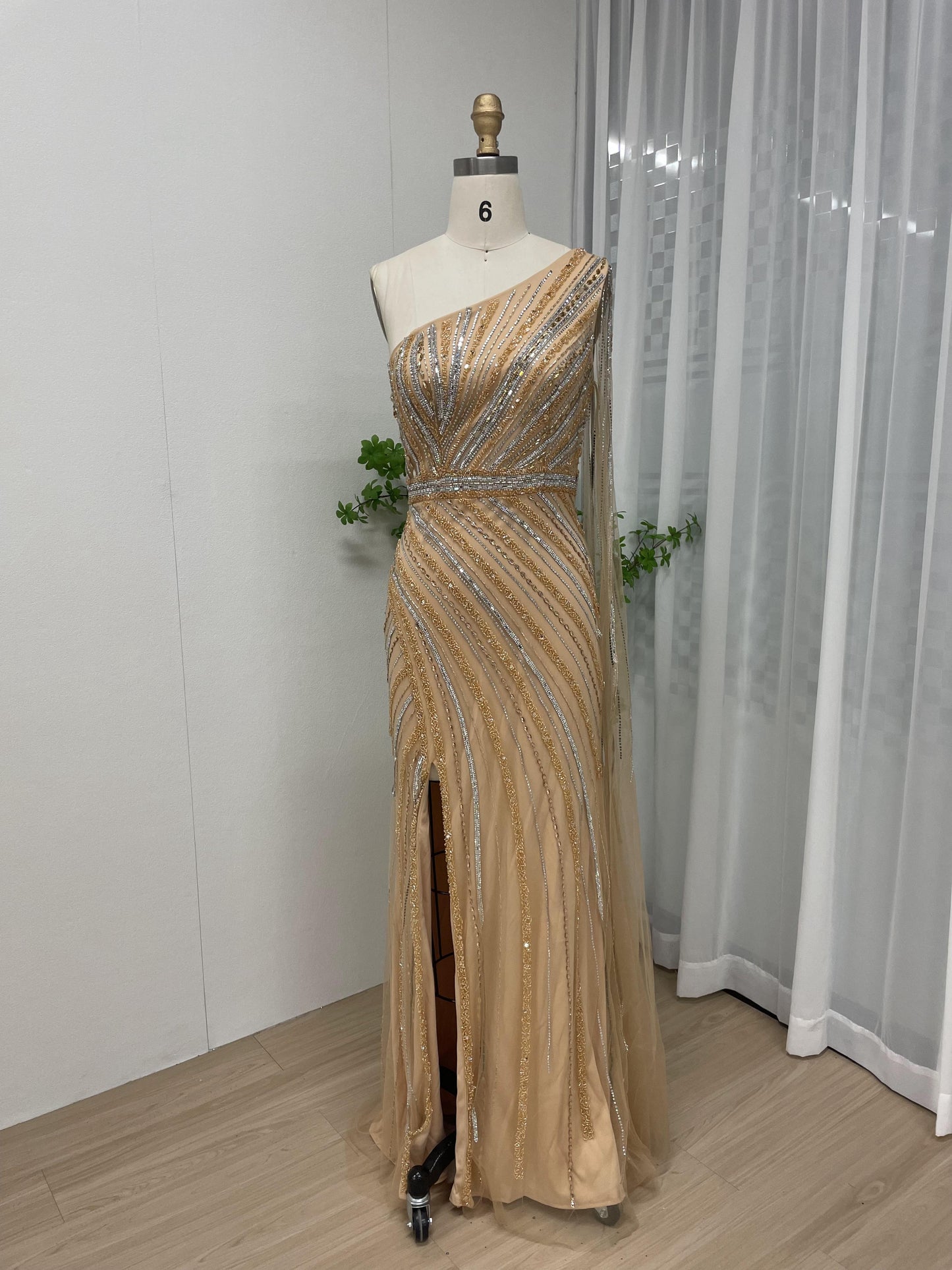 Stunning One Shoulder Cape Sleeve High Split Gold Evening Dress MB40117