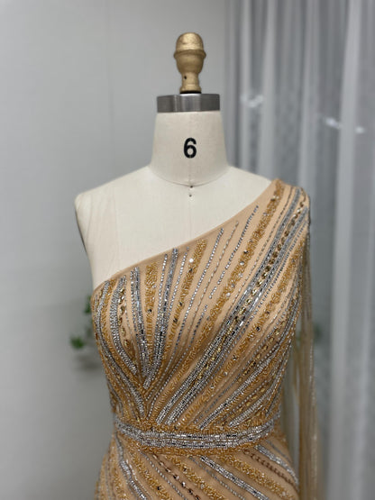 Stunning One Shoulder Cape Sleeve High Split Gold Evening Dress MB40117