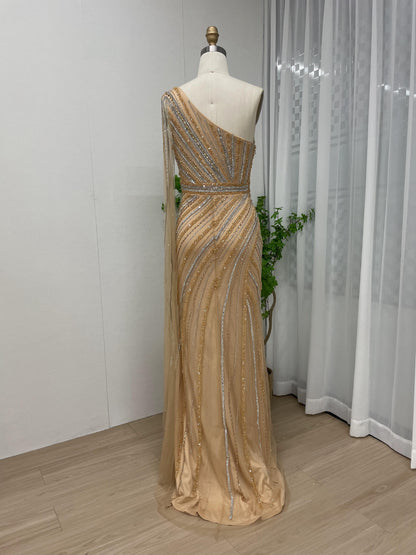 Stunning One Shoulder Cape Sleeve High Split Gold Evening Dress MB40117