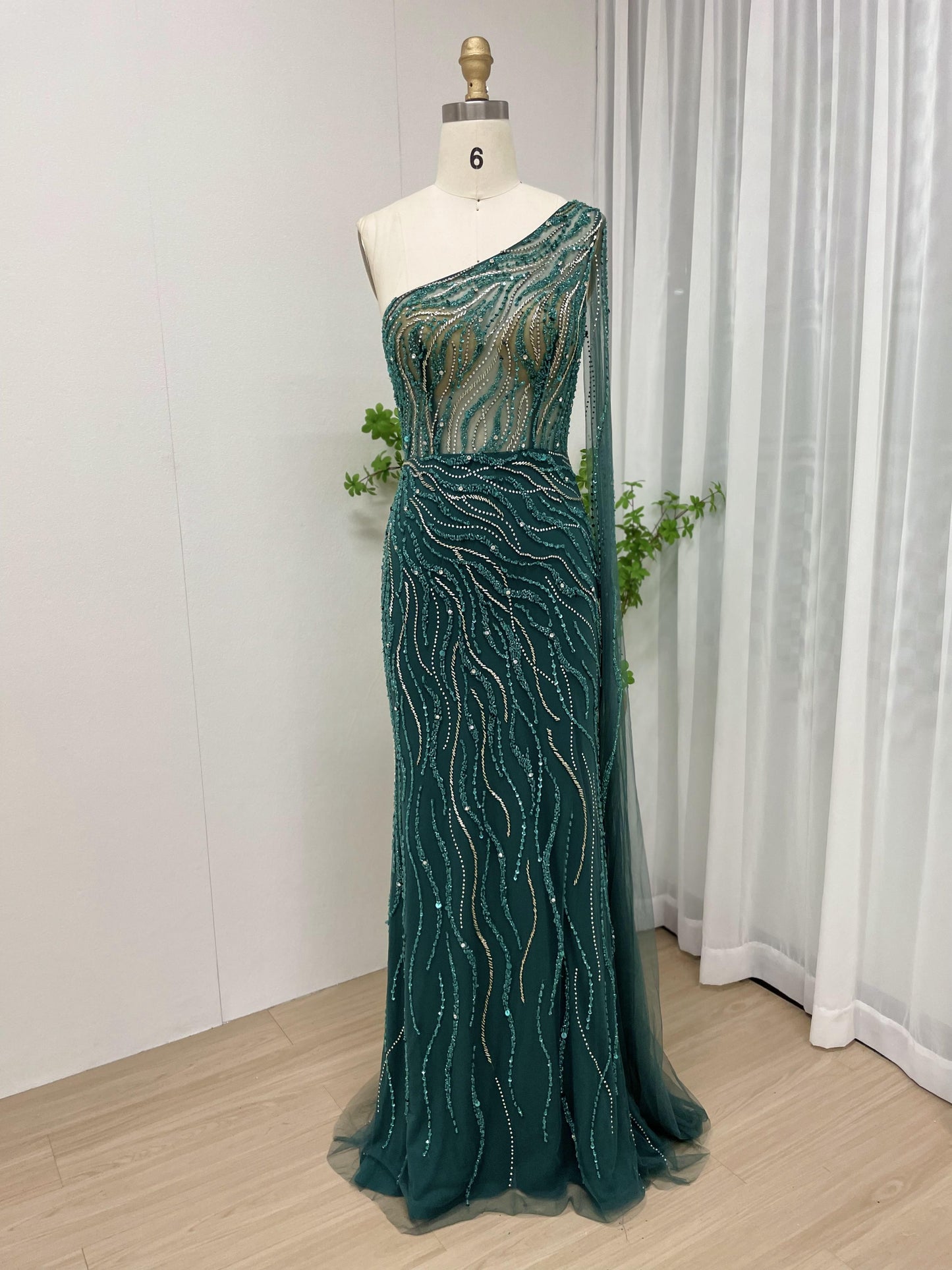 Luxury Handmade Beading Body Slim One Shoulder Cape Sleeve Evening Dress MB40118