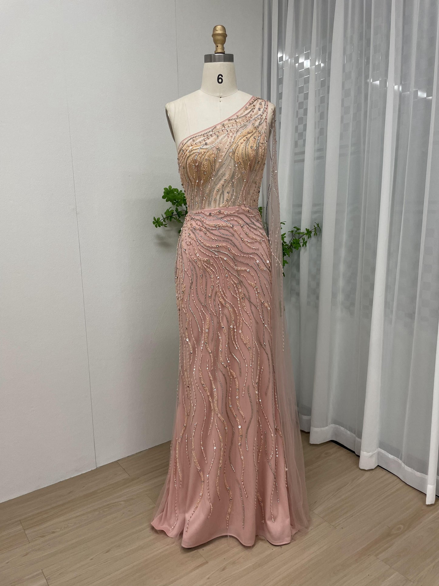 Luxury Handmade Beading Body Slim One Shoulder Cape Sleeve Evening Dress MB40118