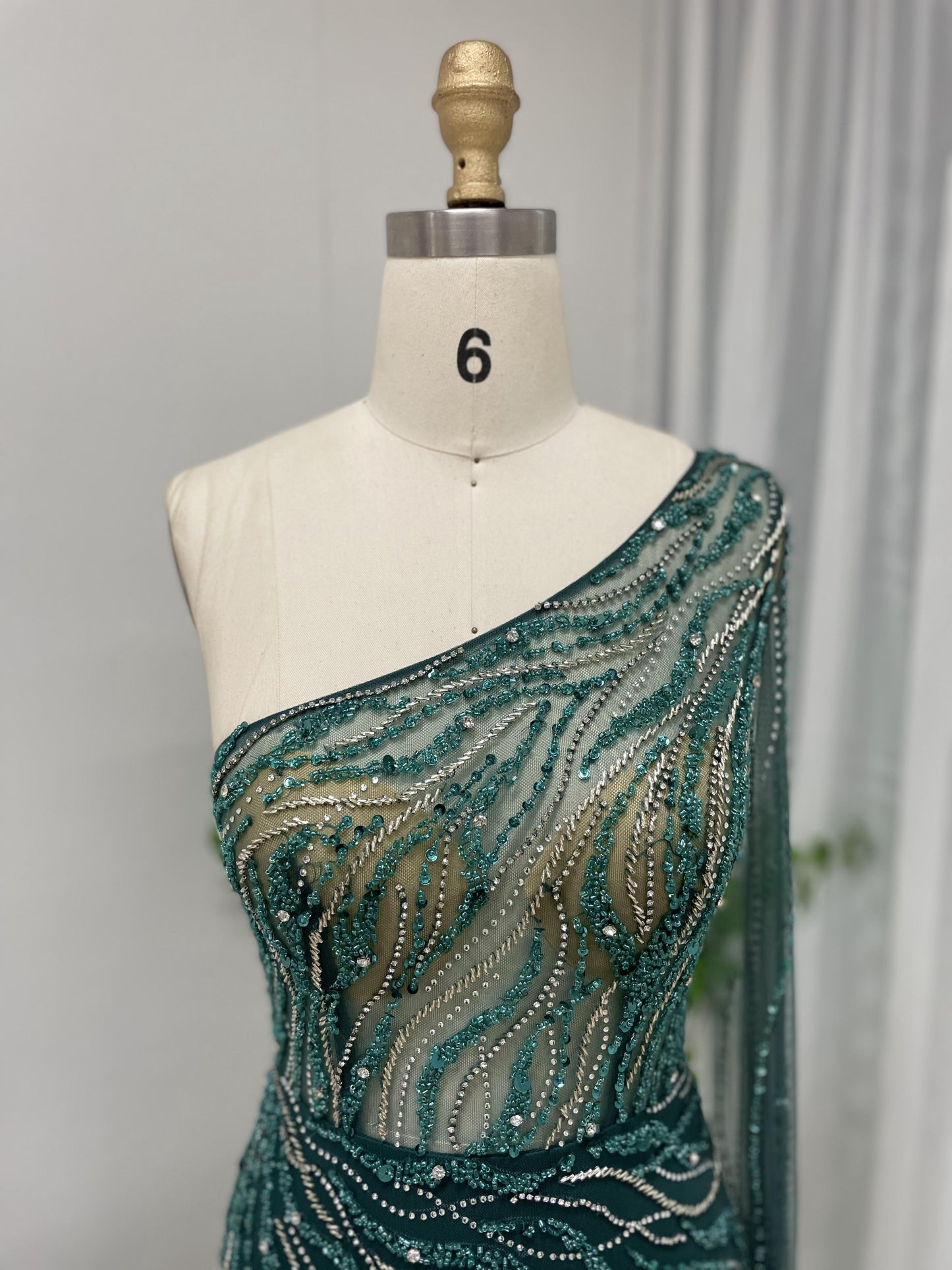 Luxury Handmade Beading Body Slim One Shoulder Cape Sleeve Evening Dress MB40118