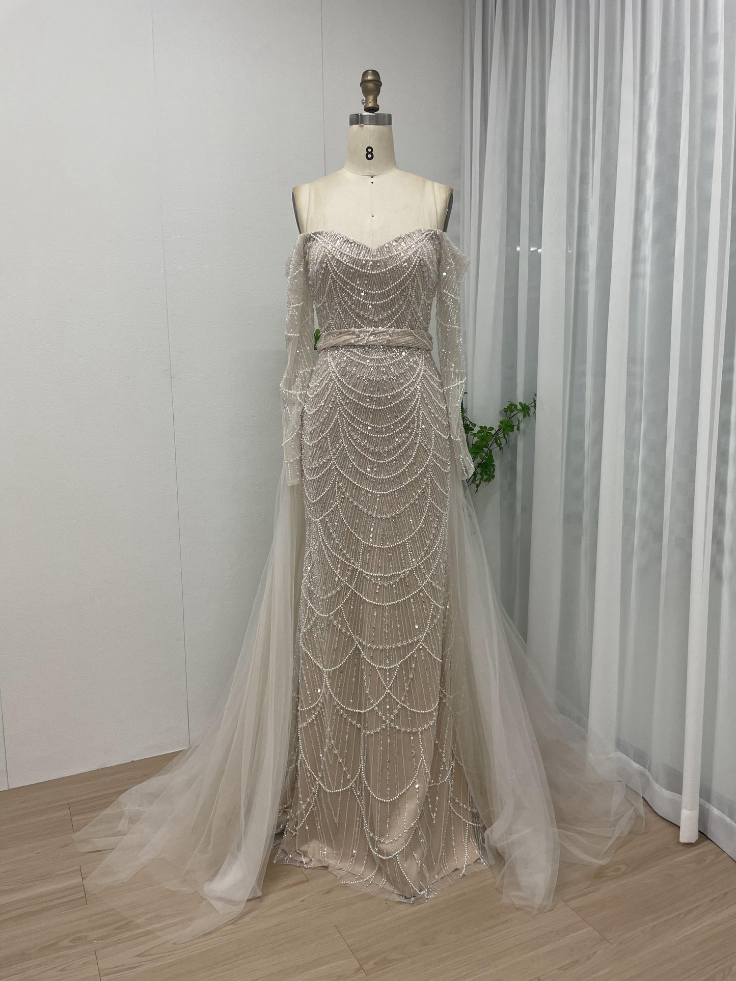 Exquisite Off Shoulder Couture Beading Lace Long Sleeve Evening Dress MB40119