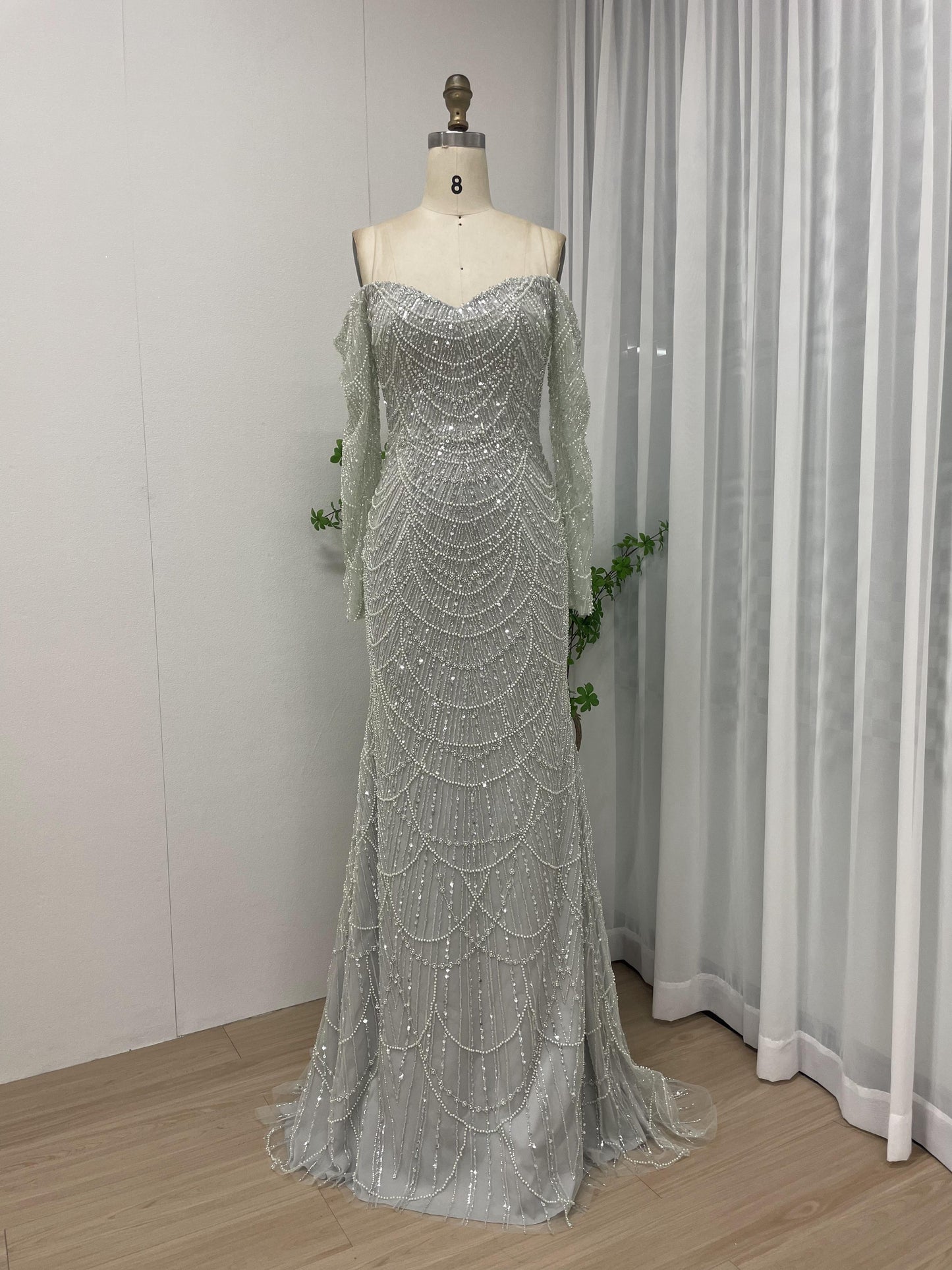 Exquisite Off Shoulder Couture Beading Lace Long Sleeve Evening Dress MB40119