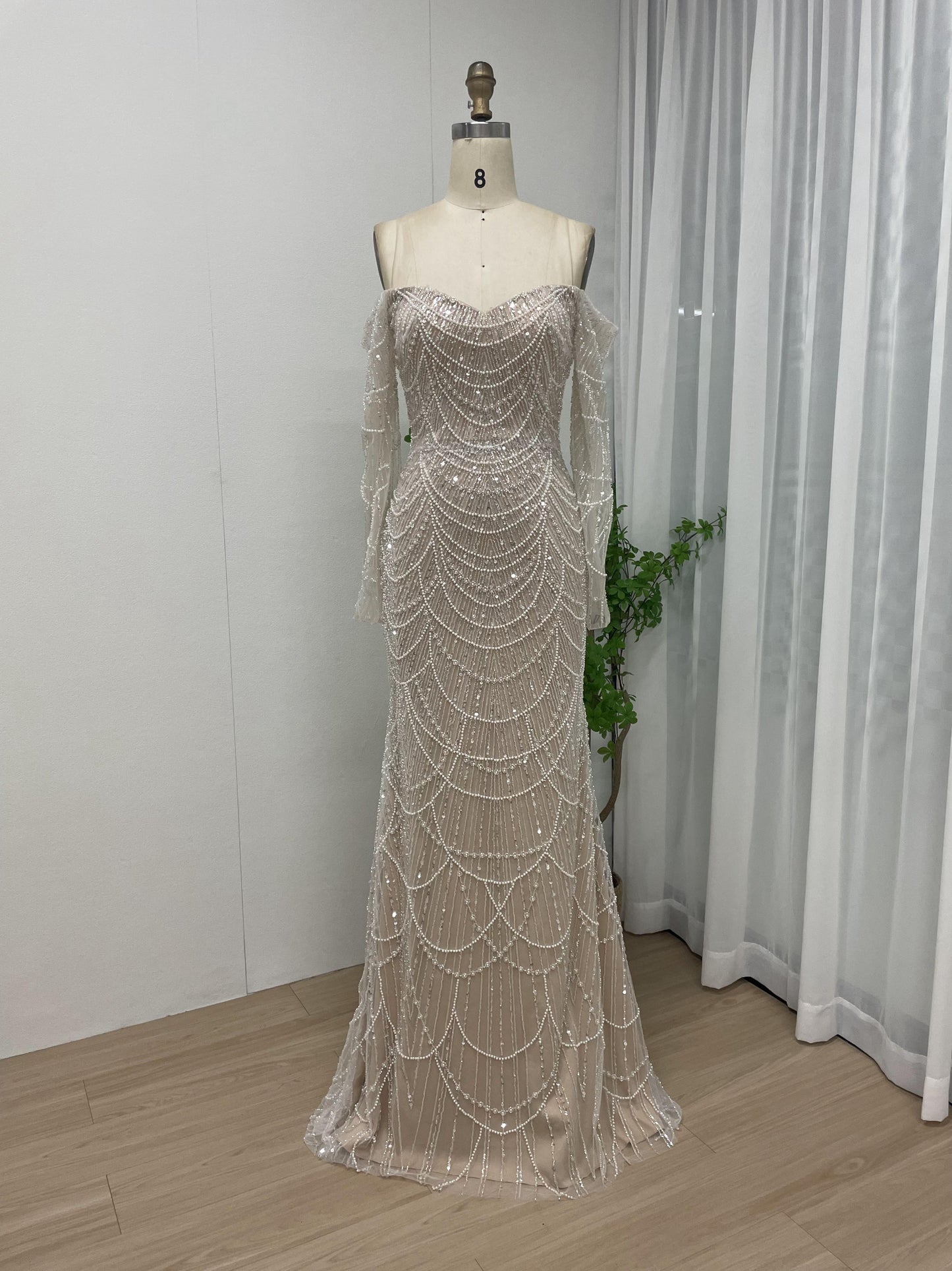 Exquisite Off Shoulder Couture Beading Lace Long Sleeve Evening Dress MB40119