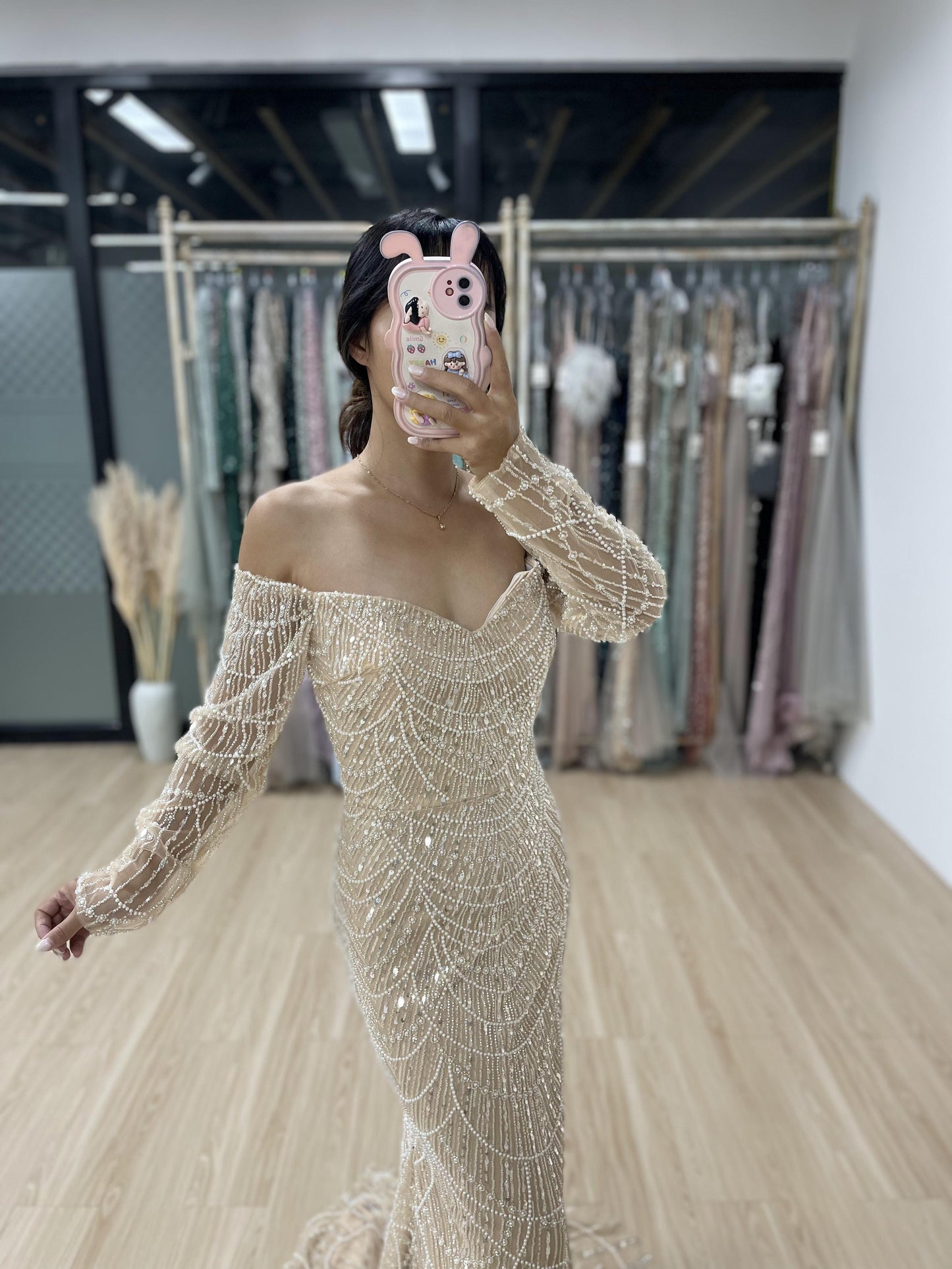 Exquisite Off Shoulder Couture Beading Lace Long Sleeve Evening Dress MB40119