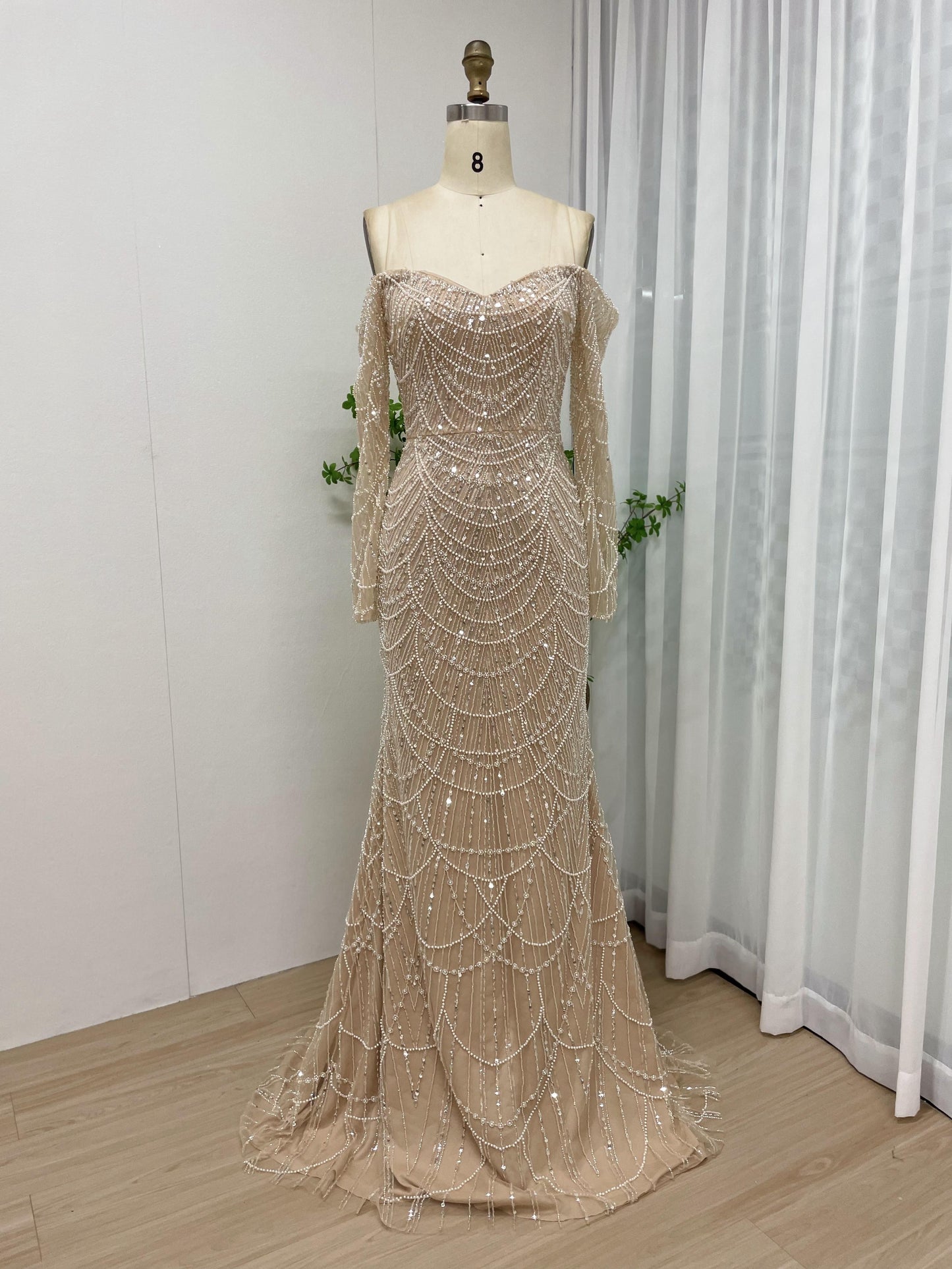 Exquisite Off Shoulder Couture Beading Lace Long Sleeve Evening Dress MB40119