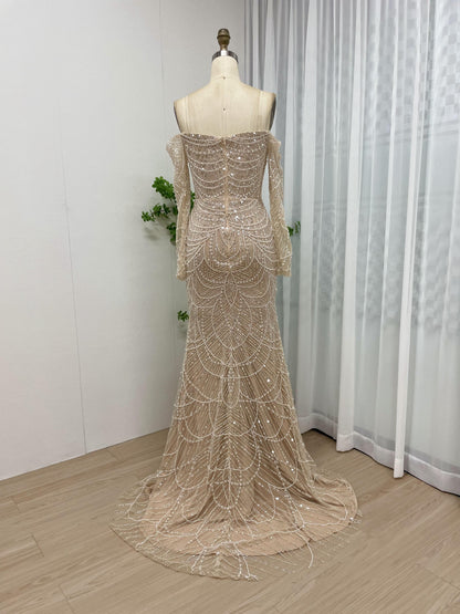 Exquisite Off Shoulder Couture Beading Lace Long Sleeve Evening Dress MB40119