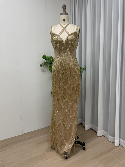 Exquisite Heavy Beading Red Carpet High Split Tassel Evening Dress MB40121