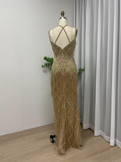 Exquisite Heavy Beading Red Carpet High Split Tassel Evening Dress MB40121