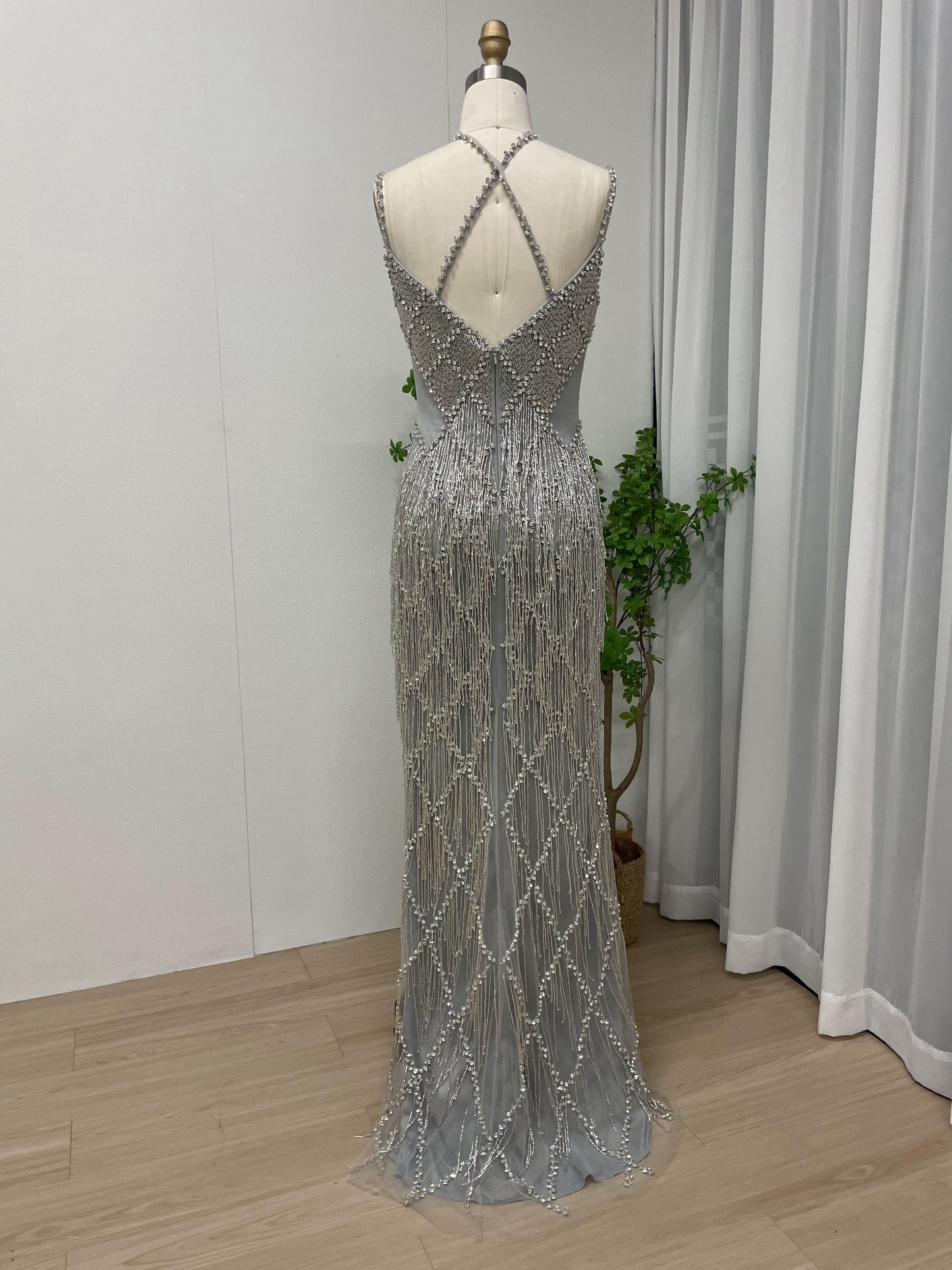 Exquisite Heavy Beading Red Carpet High Split Tassel Evening Dress MB40121