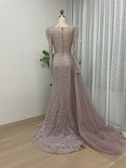 Luxury Puffy Long Sleeve Beading Lace Evening Dress With Side Skirt MB40123