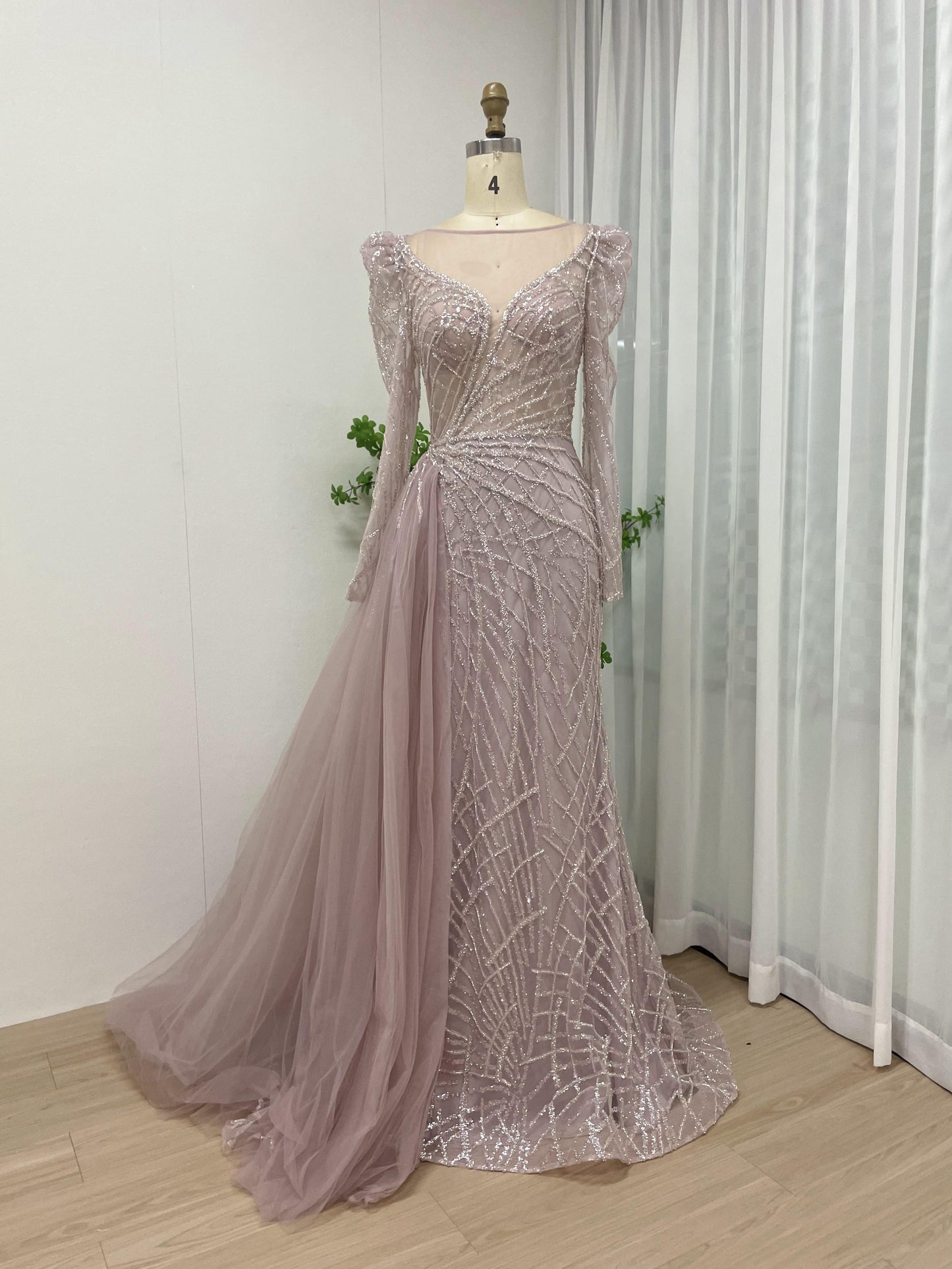 Luxury Puffy Long Sleeve Beading Lace Evening Dress With Side Skirt MB40123