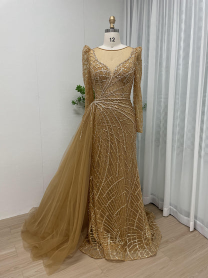 Luxury Puffy Long Sleeve Beading Lace Evening Dress With Side Skirt MB40123