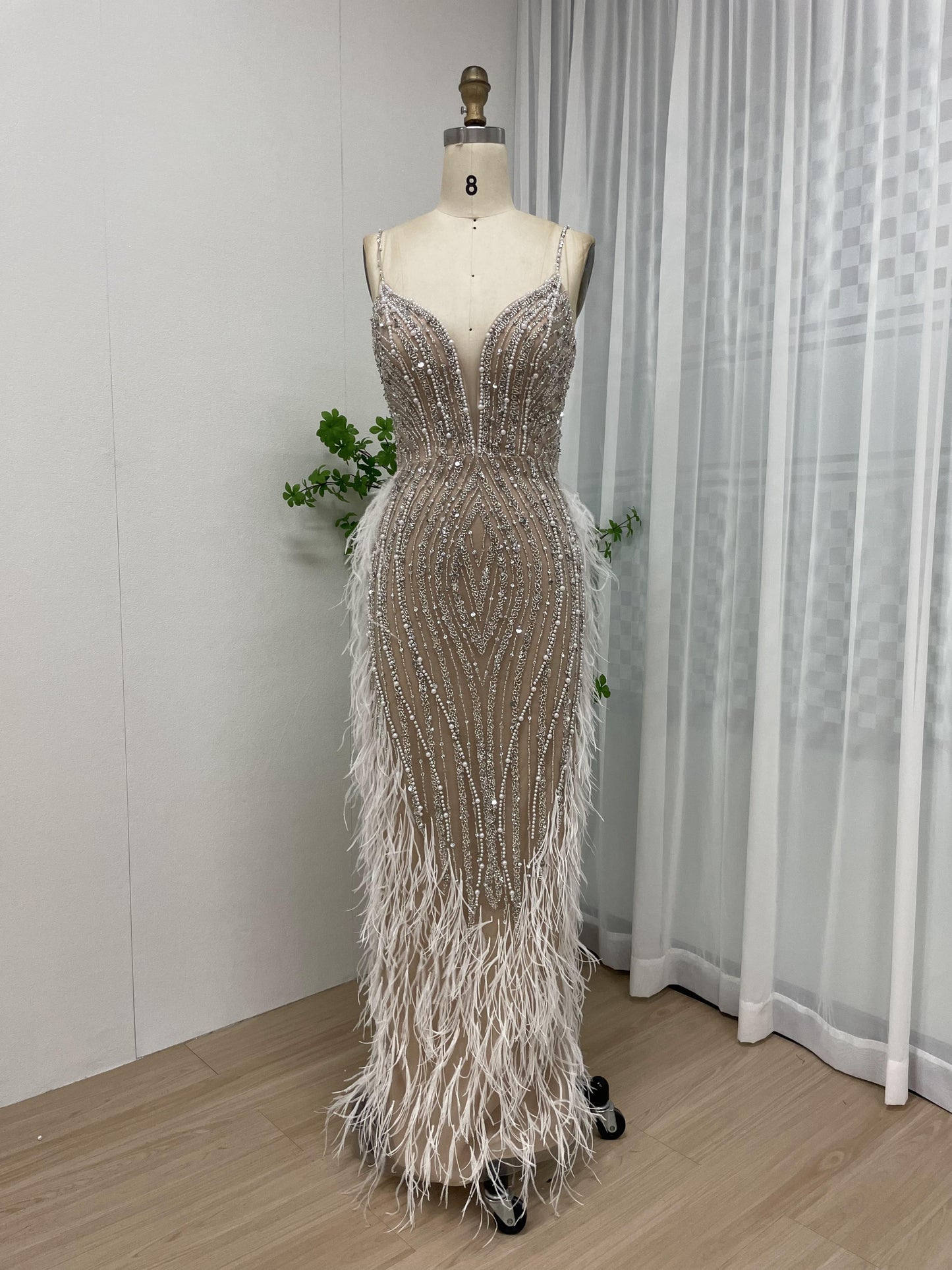 Removable Cape Sleeve Spaghetti Strap Couture Beading Feather Evening Dress MB40125