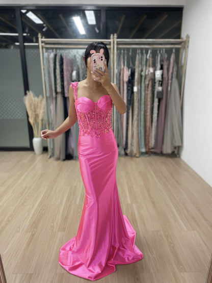 Elegant Small Strap Beading Lace Applique Satin Prom Dress MB40127