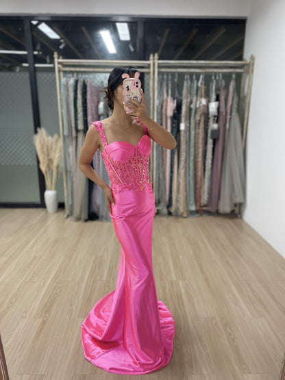 Elegant Small Strap Beading Lace Applique Satin Prom Dress MB40127