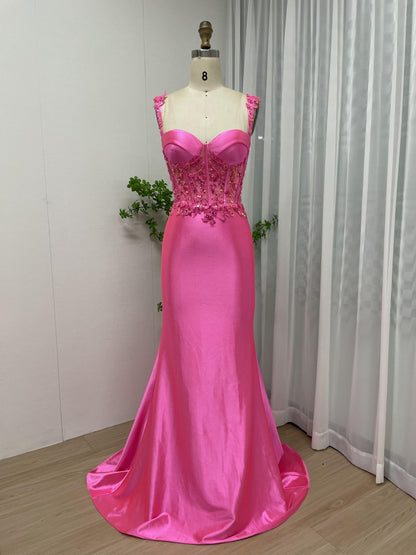 Elegant Small Strap Beading Lace Applique Satin Prom Dress MB40127