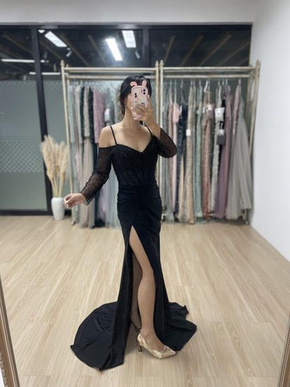 Sexy Off Shoulder High Split Long Sleeve Pearl Dress MB40129