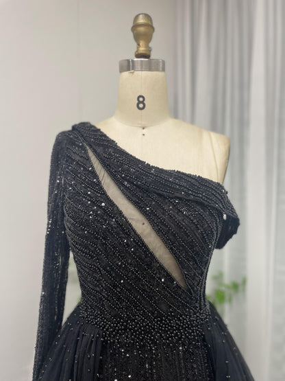 Glamorous One Shoulder Long Sleeve Beading Evening Party Dress MB40133