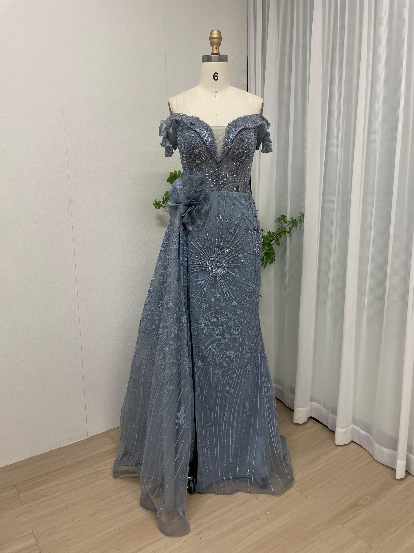 Elegant Off Shoulder Couture Lace Evening Dress With Side Skirt MB40134