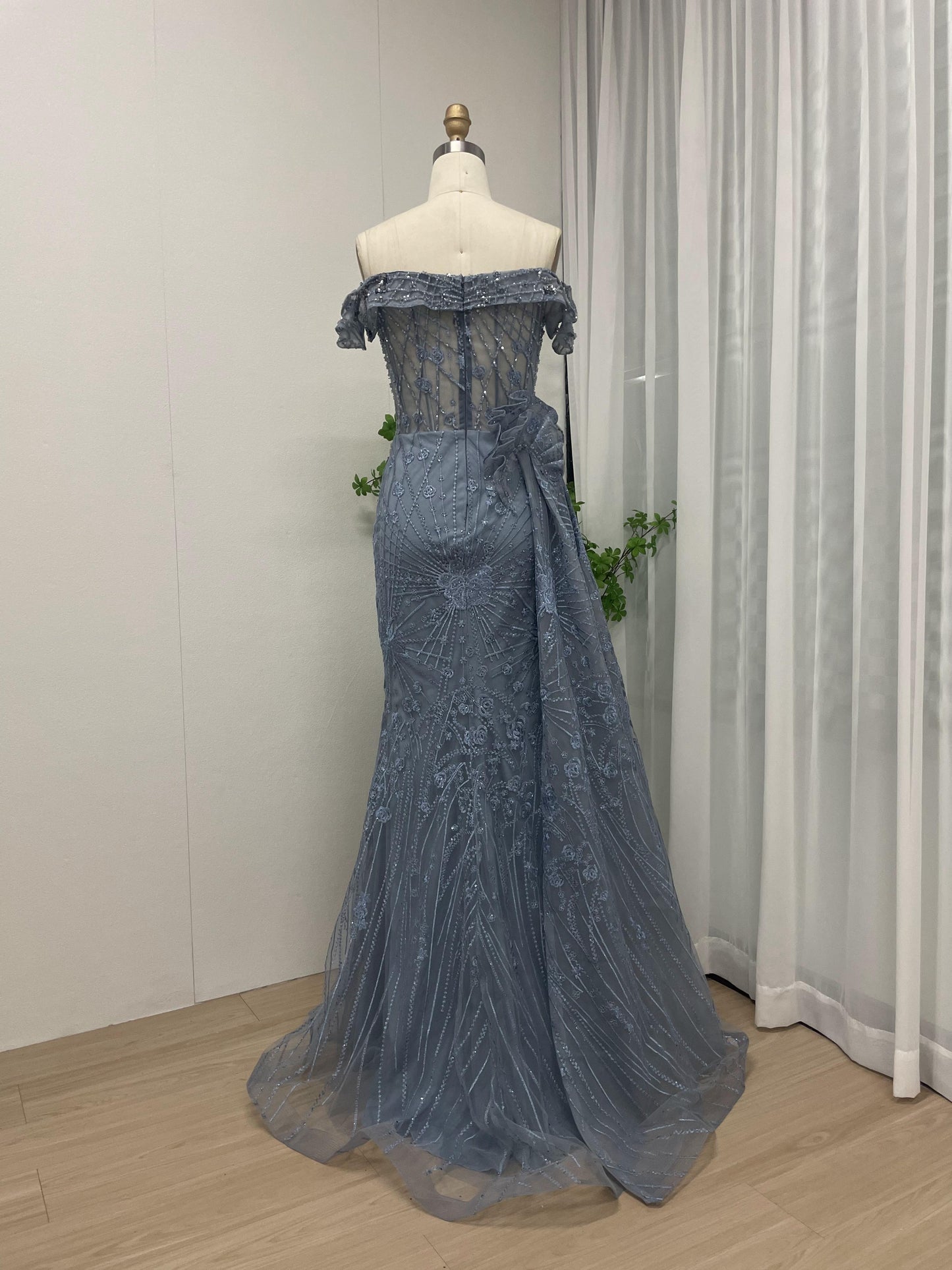 Elegant Off Shoulder Couture Lace Evening Dress With Side Skirt MB40134