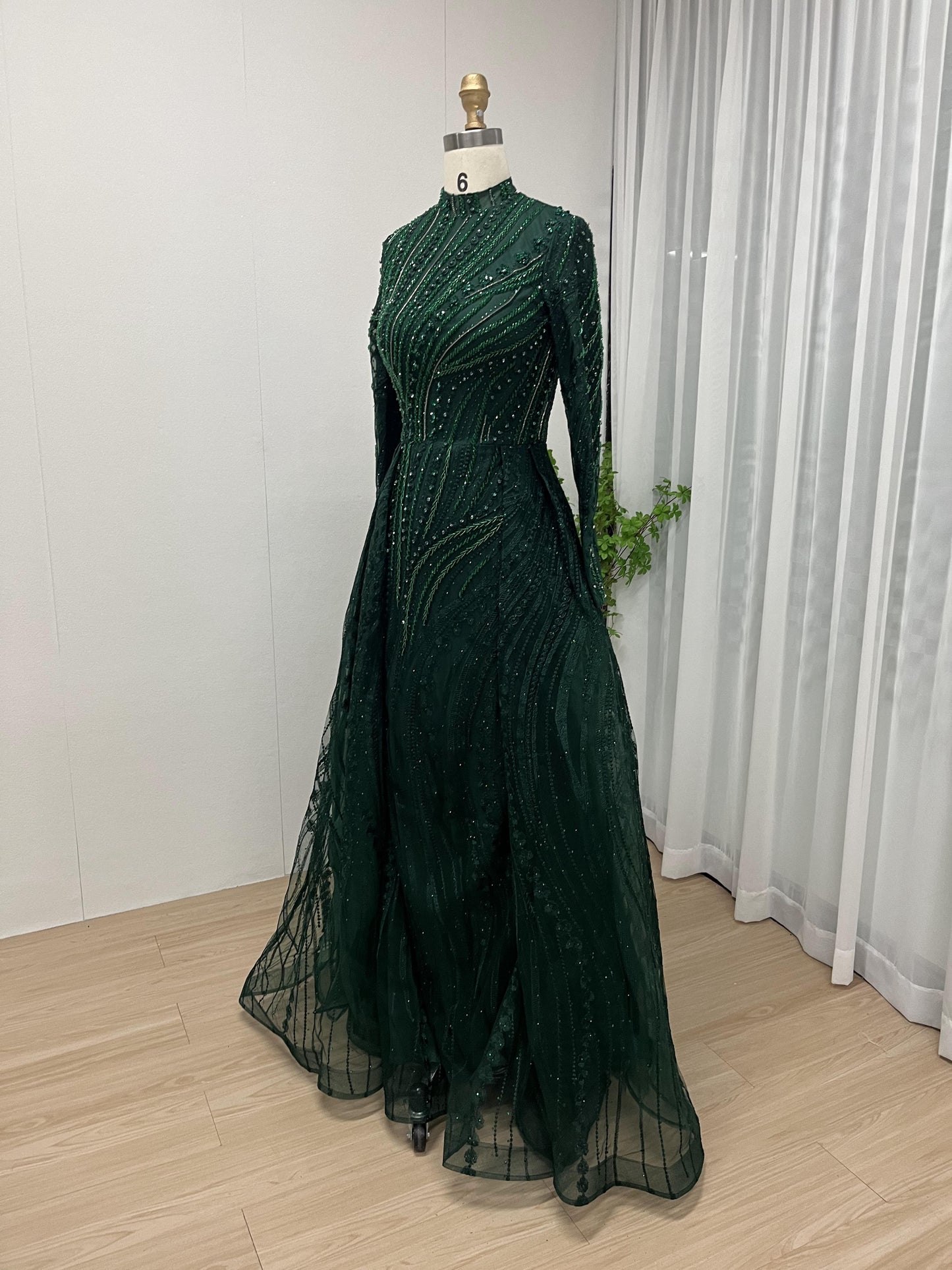 High Neck Long Sleeve Beading Lace Muslim Evening Dress MB40139