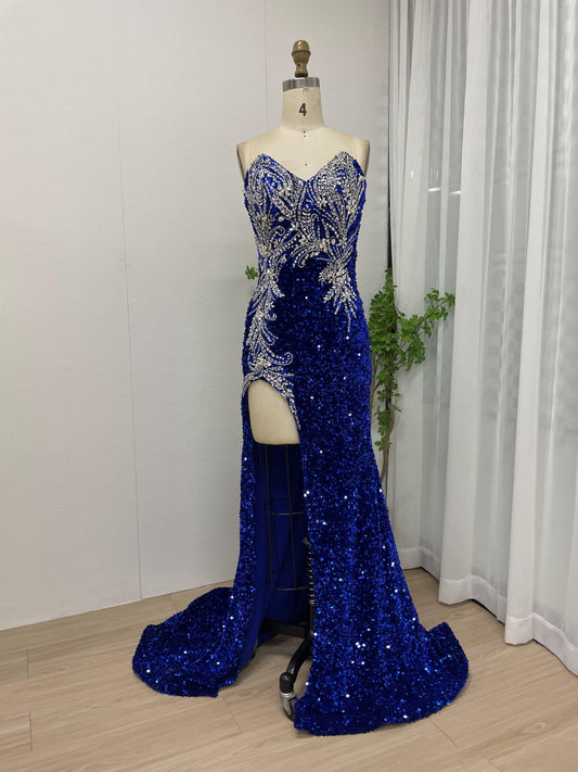 Luxury Strapless Handmade Beading High Split Prom Evening Dress MB40141