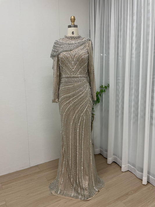 Luxury Haute Couture Beading Long Sleeve Muslim Evening Dress MB40149