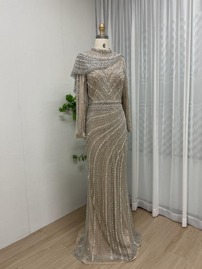 Luxury Haute Couture Beading Long Sleeve Muslim Evening Dress MB40149